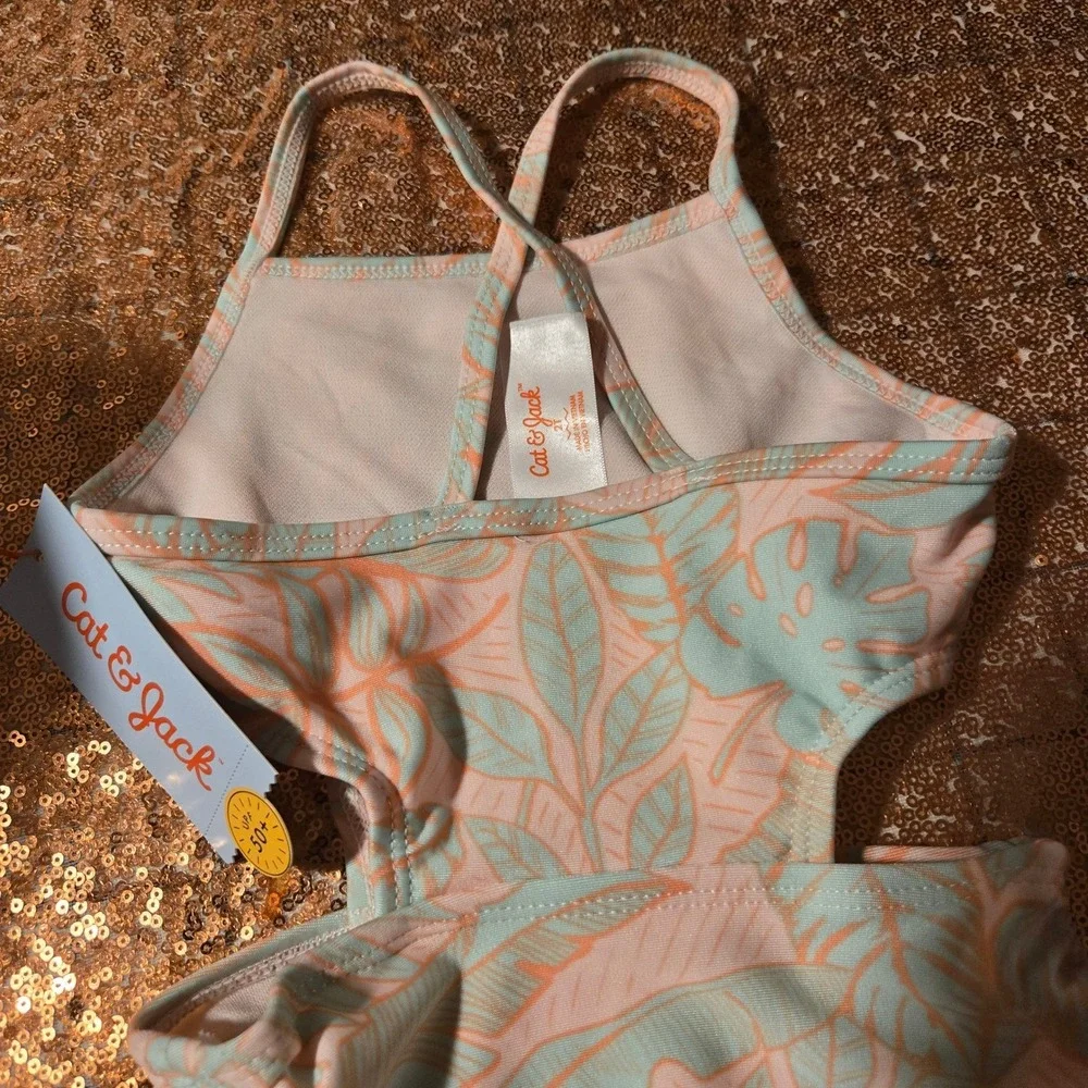 Cat & Jack Girls One Piece Swimsuit Palm Leaf Print Cutout‎ Sides Size 2T